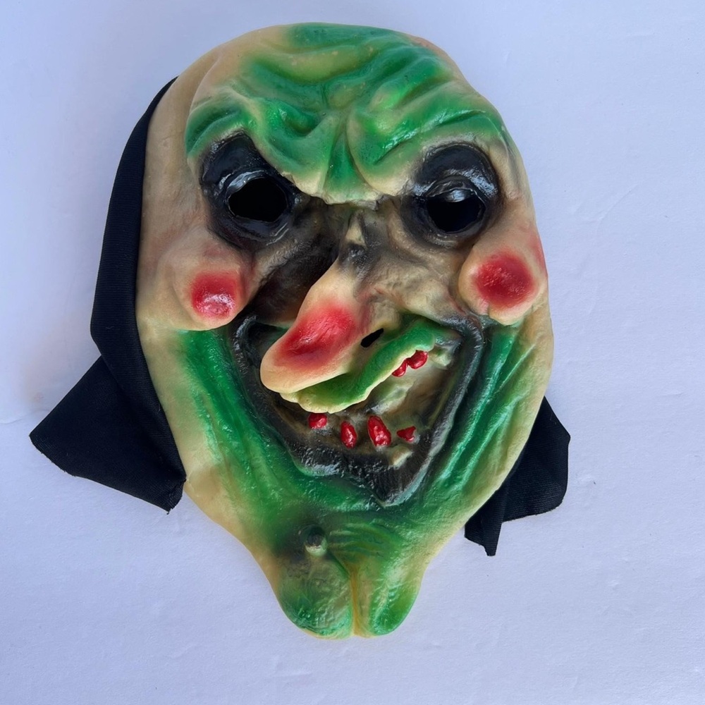 Vintage Halloween Witch Rubber Mask Green/Red Nose and Teeth with Hood